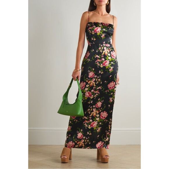 Sz 12 Reformation Frankie Silk Dress Polina Floral Black/Pink Maxi Smocked